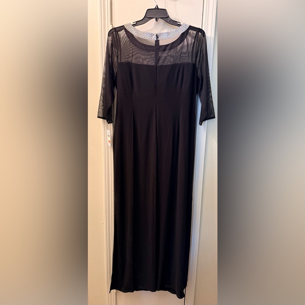 Alex Evenings Black Side Ruched Long Dress 18W with Embellished Silver Neckline - Picture 2 of 10